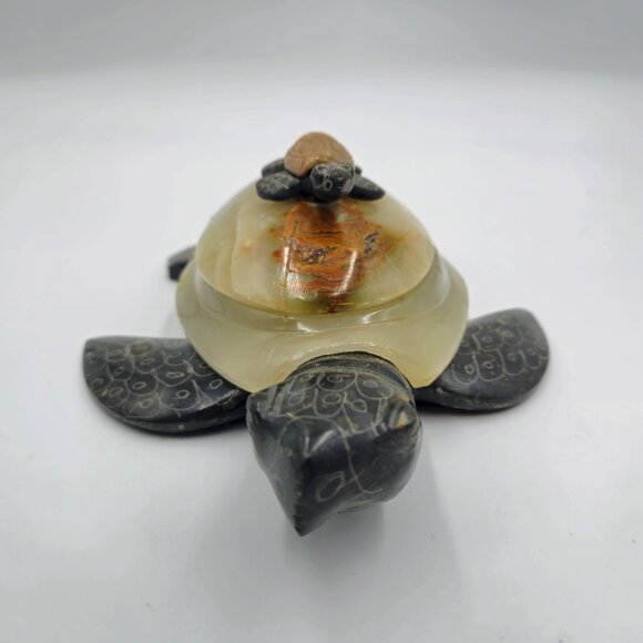 Stone Carved Turtle Box Hinged Lid Mother Baby Vintage Read - Picture 3 of 10